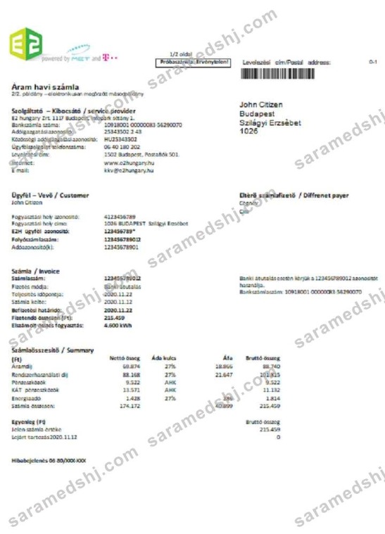 Hungary E2 utility bill Word and PDF format